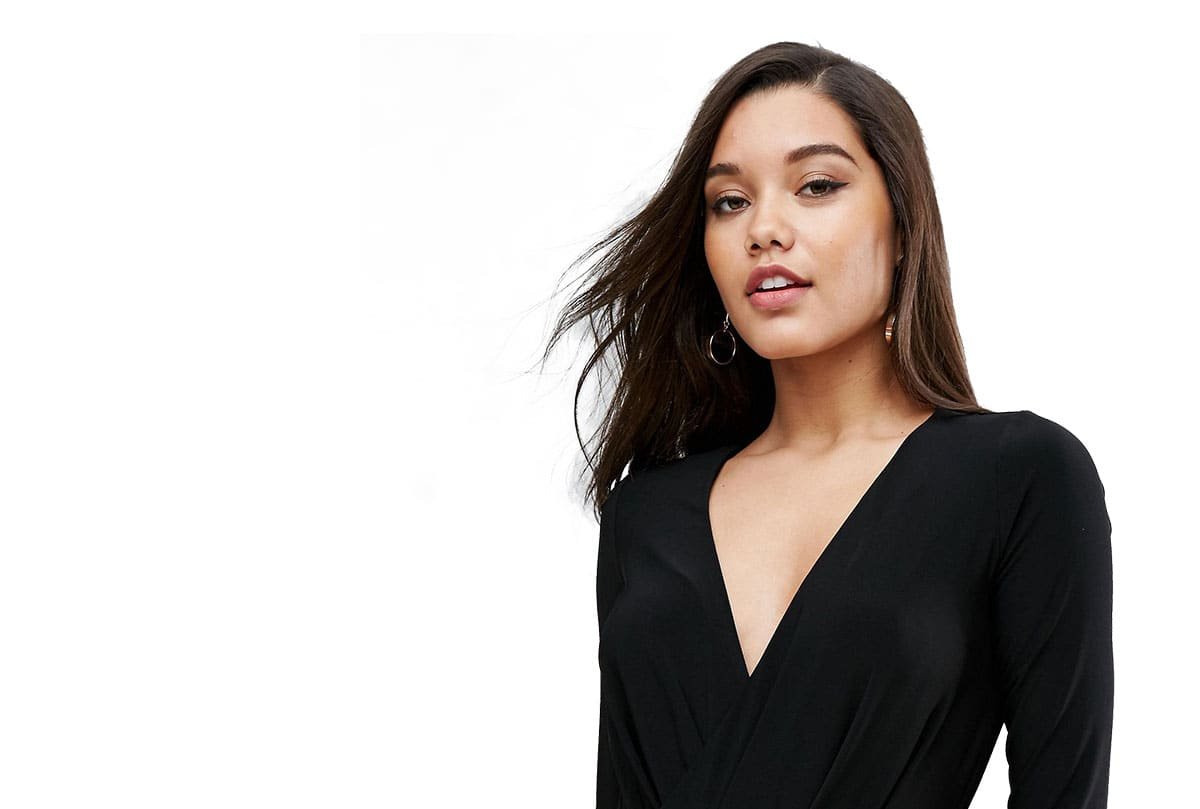 Model wearing a black wrap dress from the new arrivals edit