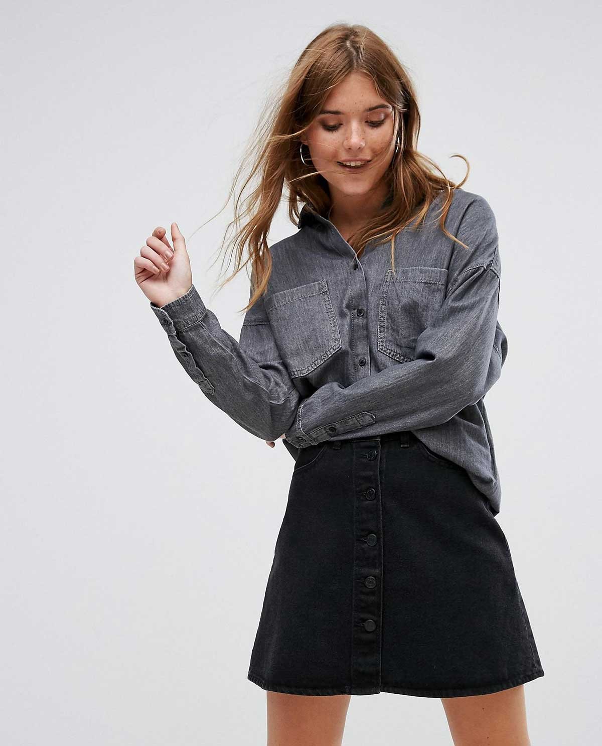 Model wearing the Ash washed denim overshirt in charcoal